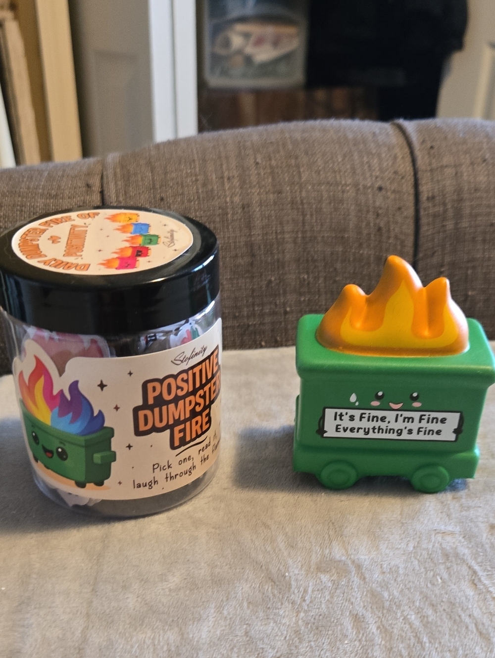 Positive Dumpster Fire Squishy Toy And Positivity Jar